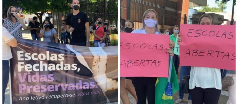 Protesto reuniu manifestantes favoráveis e contrários às aulas presenciais