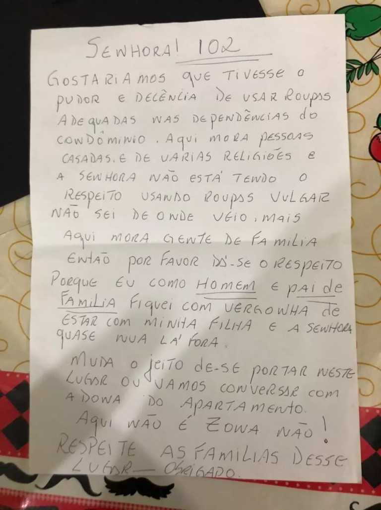 Carta anônima mandando moça se vestir adequadamente tem repercussão nacional