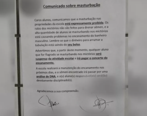 Cartaz para não se masturbar causa problema em escola